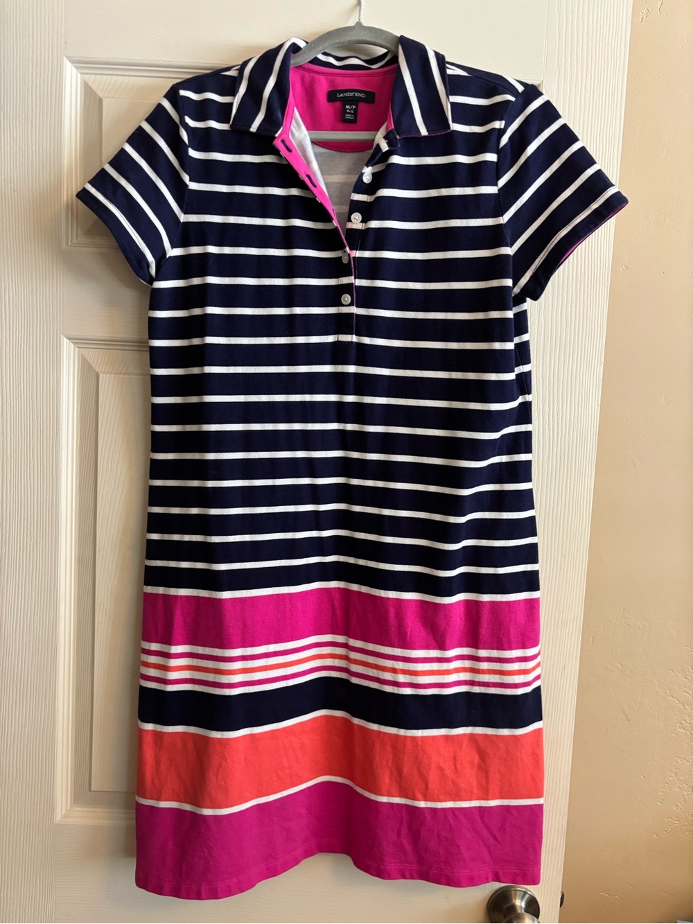 Lands' End Navy, White, Pink & Coral Striped Polo Dress